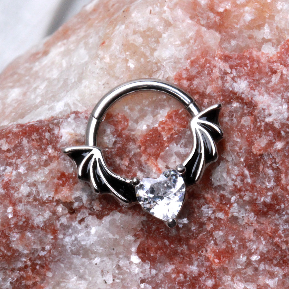 Bat Winged CZ Crystal Heart Hinged Segment Clicker Ring - 316L Stainless Steel