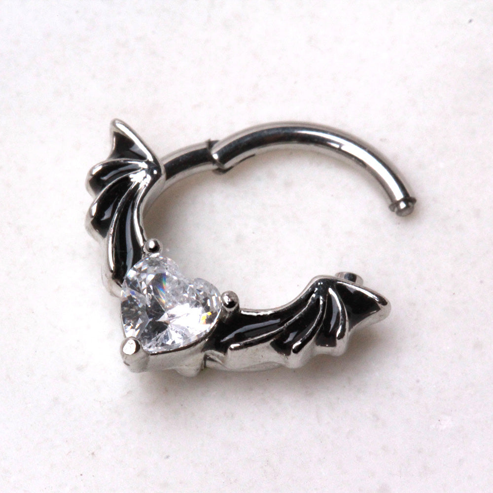 Bat Winged CZ Crystal Heart Hinged Segment Clicker Ring - 316L Stainless Steel