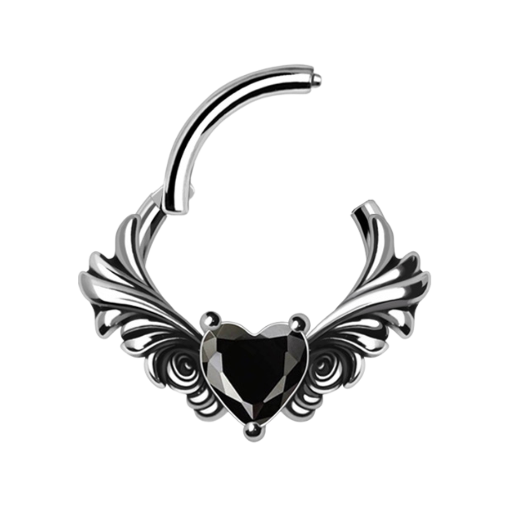 Winged Black CZ Crystal Heart Hinged Segment Clicker Ring - 316L Stainless Steel