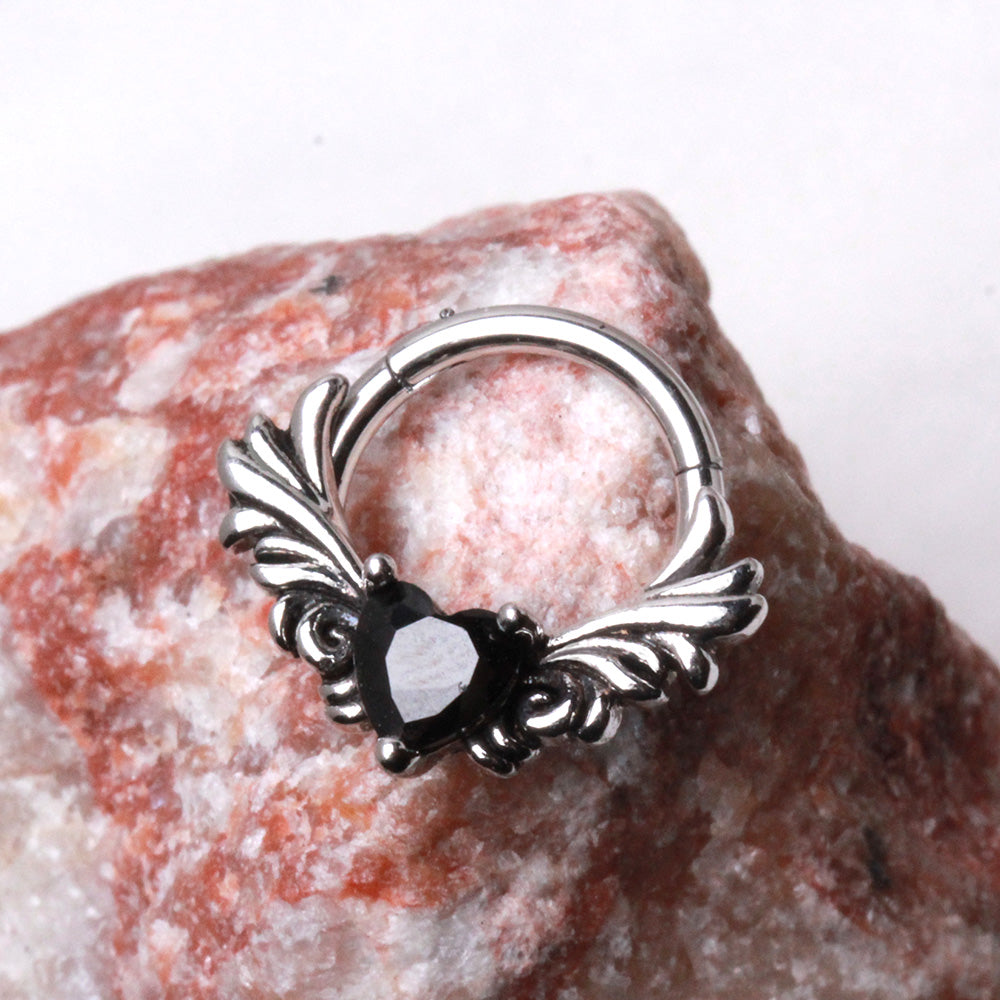 Winged Black CZ Crystal Heart Hinged Segment Clicker Ring - 316L Stainless Steel