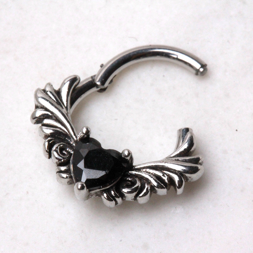 Winged Black CZ Crystal Heart Hinged Segment Clicker Ring - 316L Stainless Steel