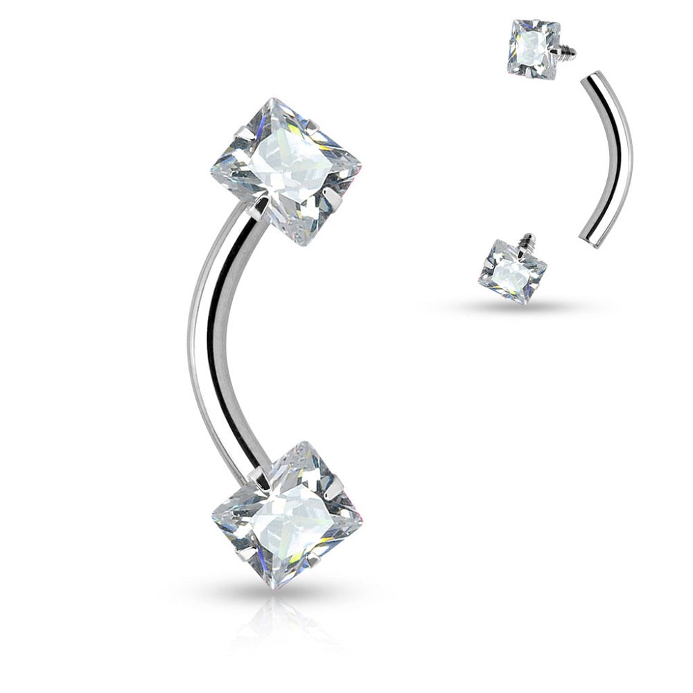 Prong-Set Clear CZ Gem Internally Threaded Curved Barbell - Stainless Steel
