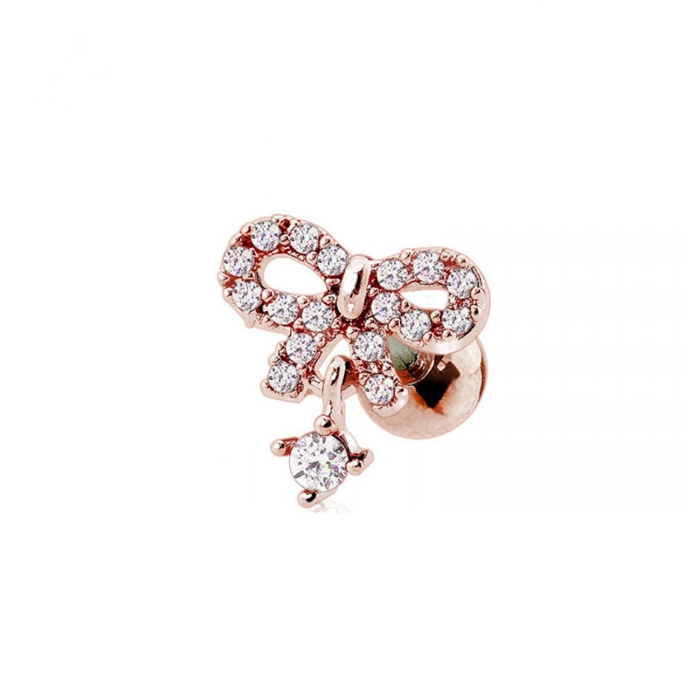 CZ Crystal Bow with Dangling Gem Barbell Stud - 316L Stainless Steel
