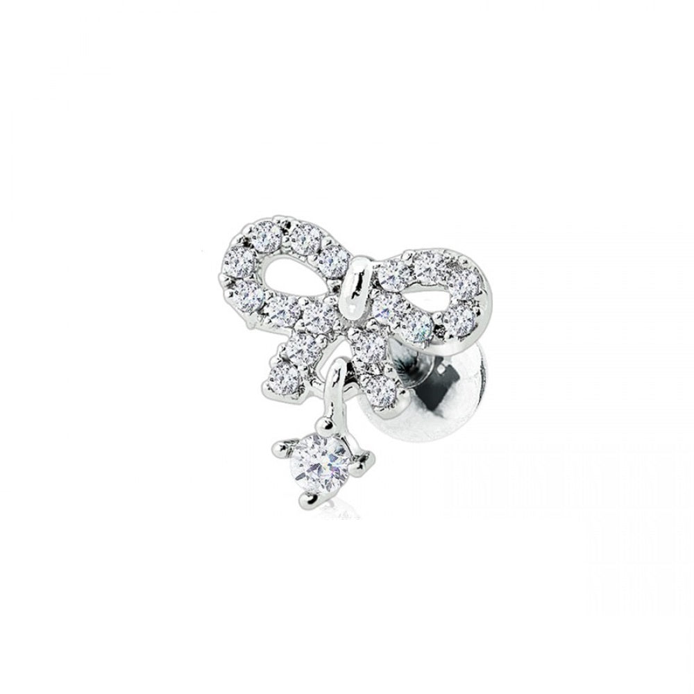 CZ Crystal Bow with Dangling Gem Barbell Stud - 316L Stainless Steel