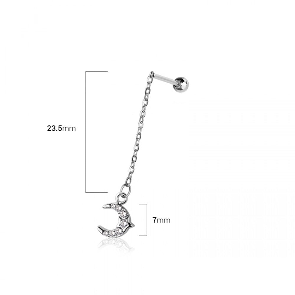 Dangling Chain with CZ Crystal Crescent Moon Cartilage Barbell Stud - 316L Stainless Steel