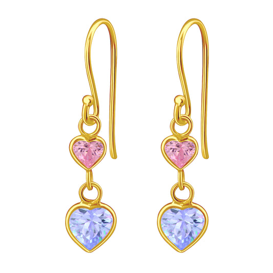 Crystal Double Pink and Purple Hearts Dangling Earrings - Pair - 925 Sterling Silver