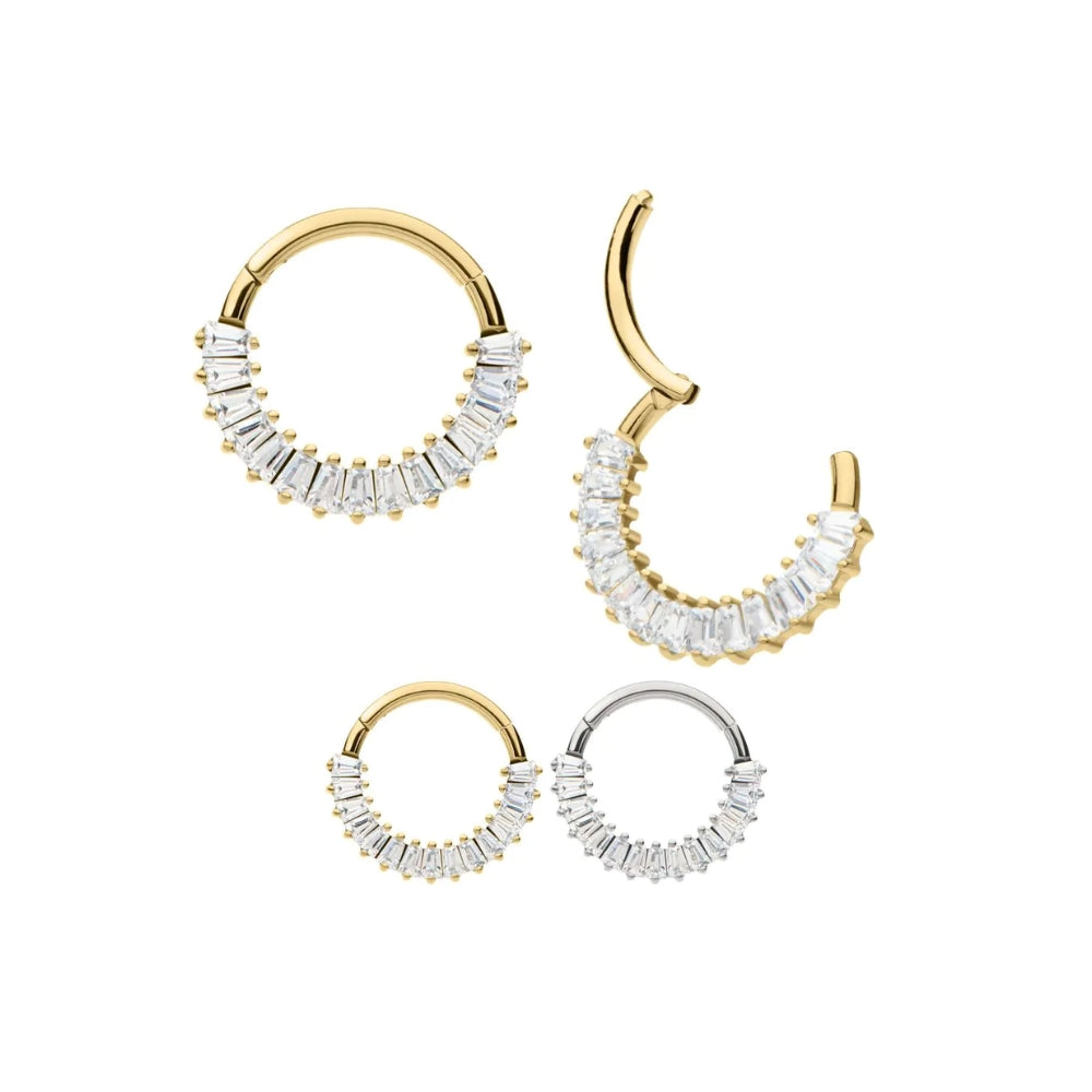CZ Baguette Gem Cluster Front Facing Hinged Segment Clicker - 14kt Gold