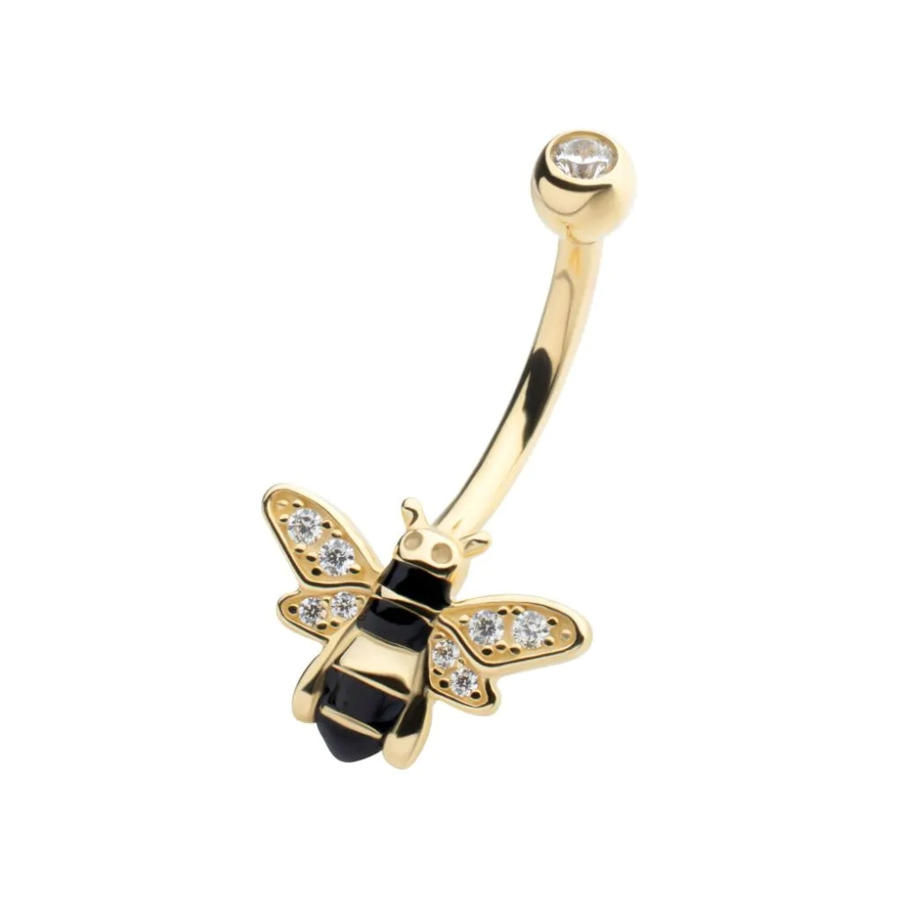 CZ Crystal and Enamel Bee Internally Threaded Belly Button Ring - 14Kt Gold