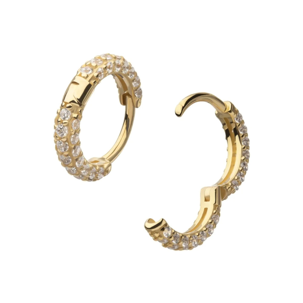 CZ Gem Three Row Paved Hinged Hoop Huggie Earring - 14kt Gold