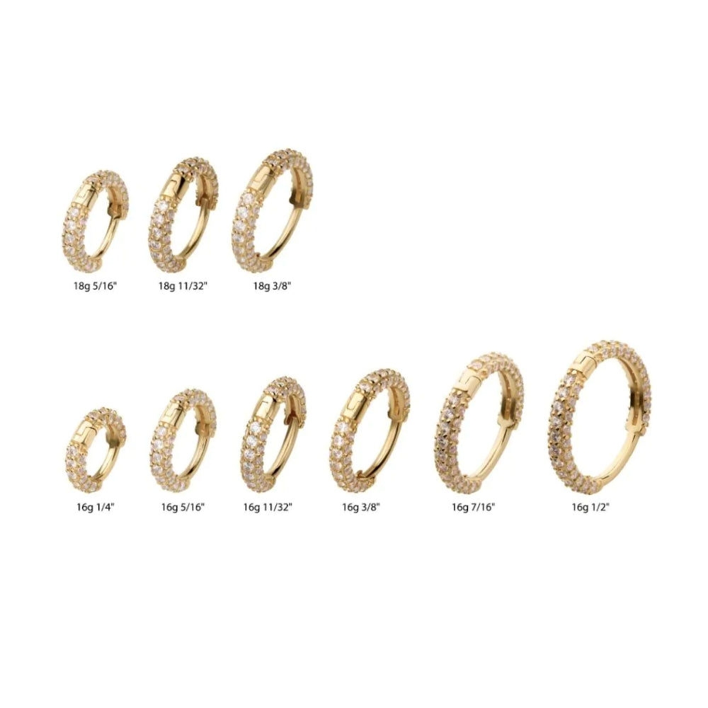 CZ Gem Three Row Paved Hinged Hoop Huggie Earring - 14kt Gold