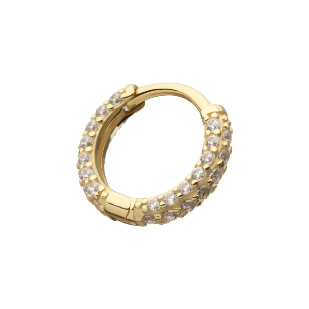 CZ Gem Three Row Paved Hinged Hoop Huggie Earring - 14kt Gold