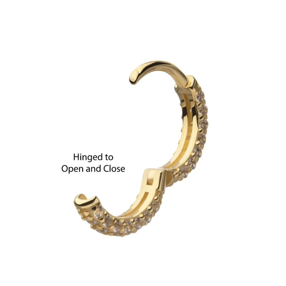 CZ Gem Three Row Paved Hinged Hoop Huggie Earring - 14kt Gold
