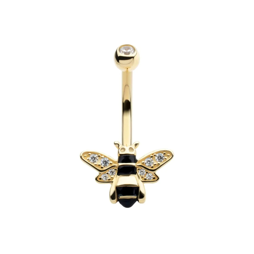 CZ Crystal and Enamel Bee Internally Threaded Belly Button Ring - 14Kt Gold