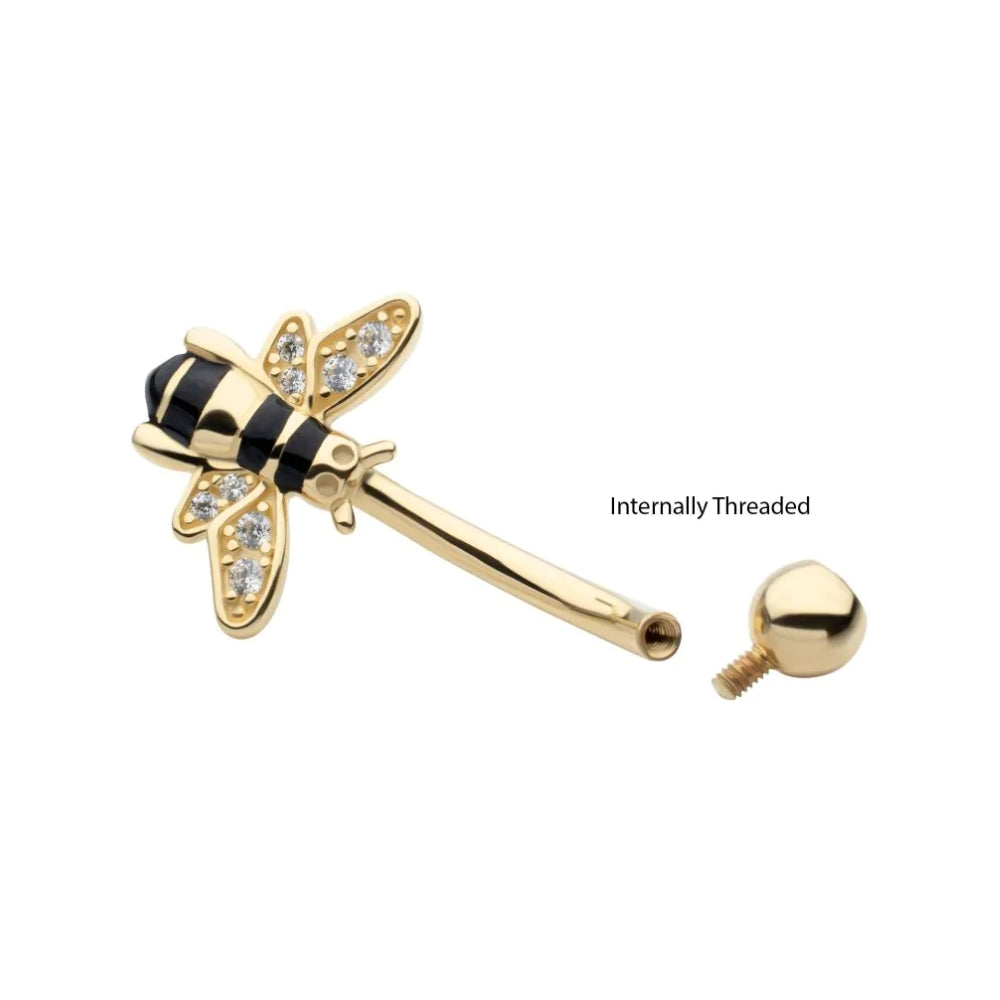 CZ Crystal and Enamel Bee Internally Threaded Belly Button Ring - 14Kt Gold