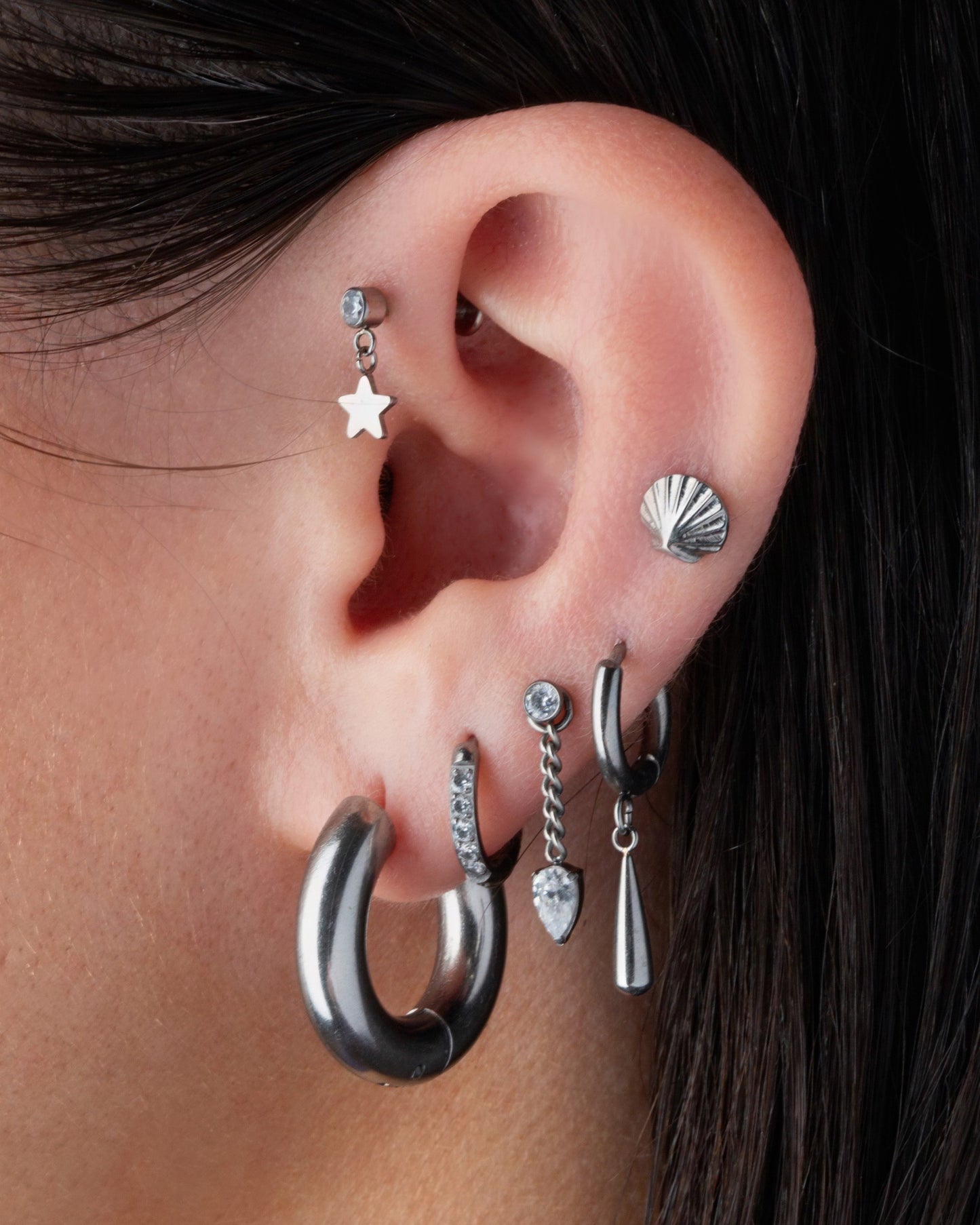 Threadless Push-In CZ Crystal with Dangling Star Flat Back Stud - ASTM F-136 Implant Grade Titanium