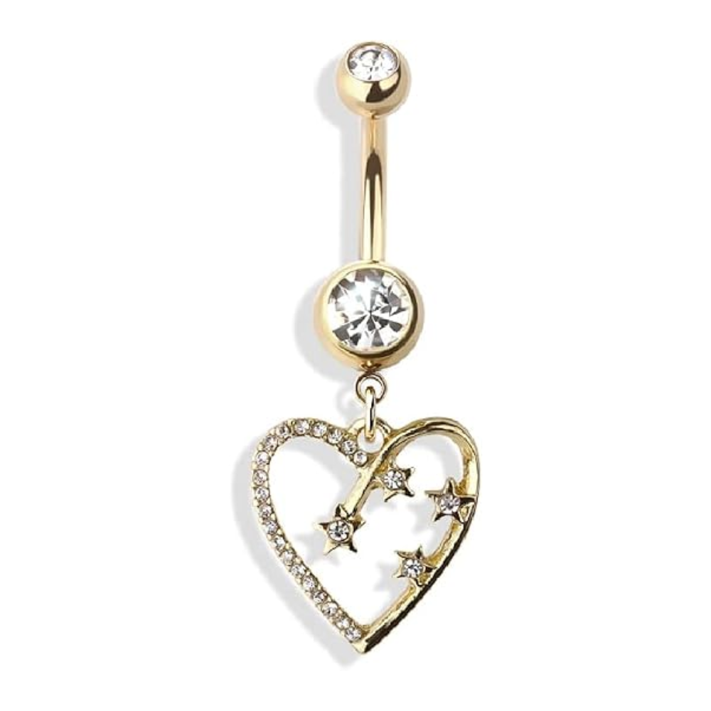 Dangling Heart with Shooting Stars Belly Button Ring - 316L Stainless Steel
