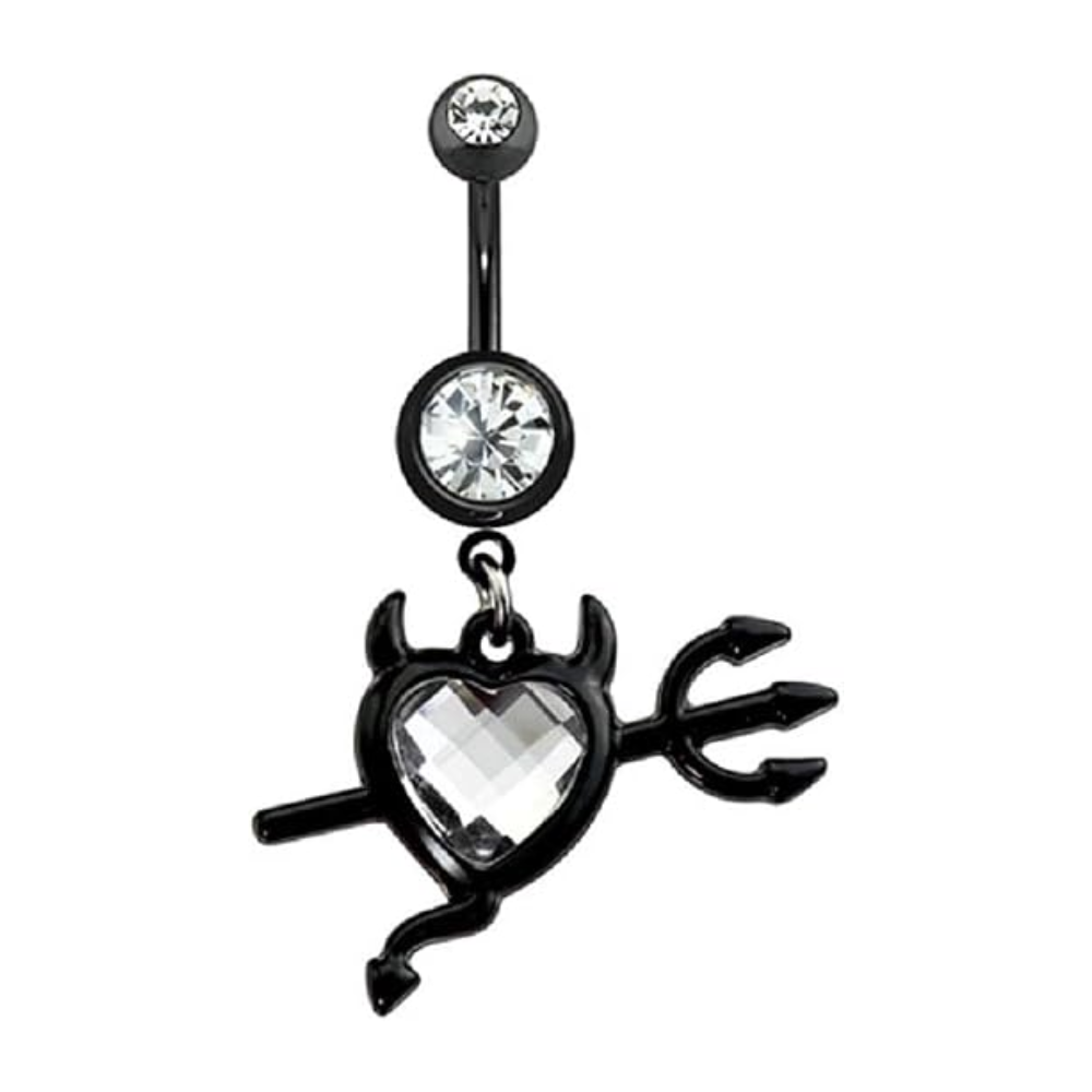 Black Devil Heart Dangling Belly Button Ring - 316L Stainless Steel