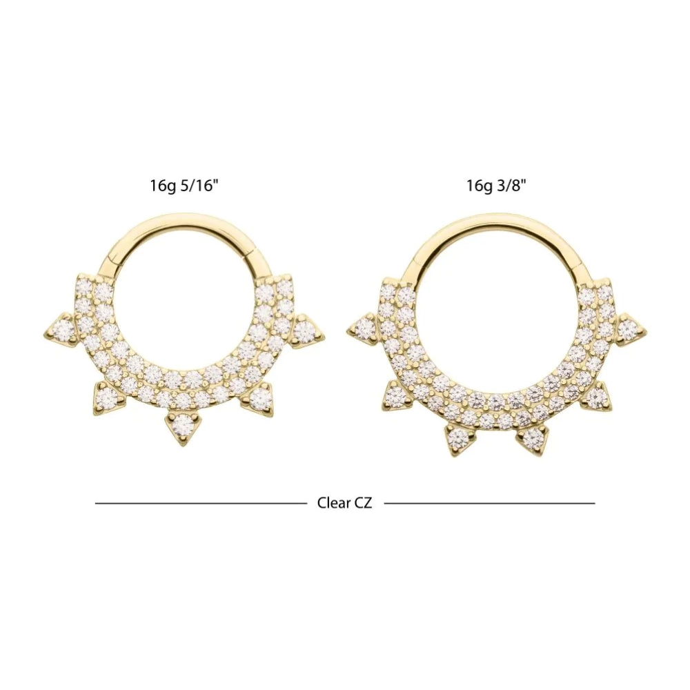 Double Row Paved CZ Spike Front Facing Hinged Segment Clicker Ring - 14kt Gold
