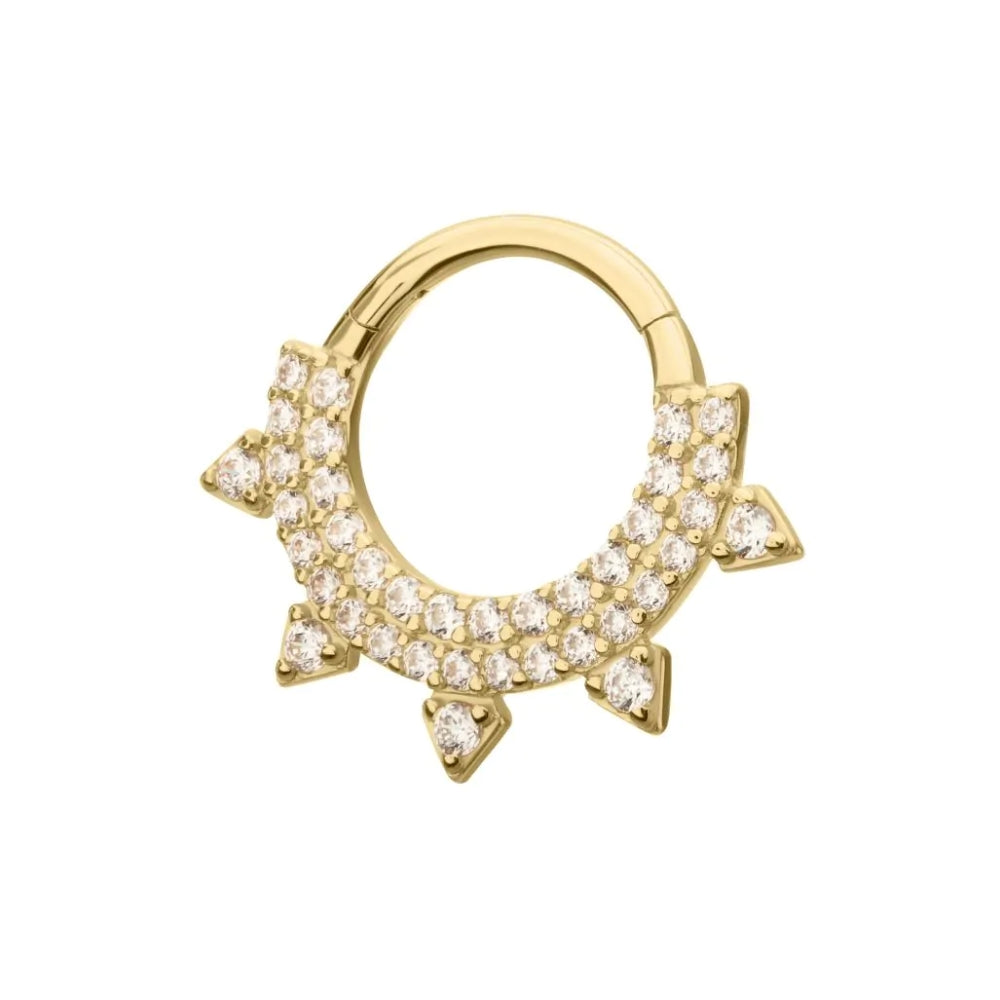 Double Row Paved CZ Spike Front Facing Hinged Segment Clicker Ring - 14kt Gold