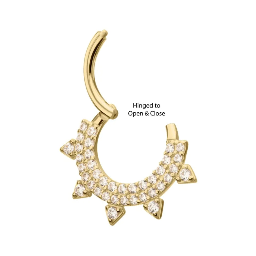 Double Row Paved CZ Spike Front Facing Hinged Segment Clicker Ring - 14kt Gold