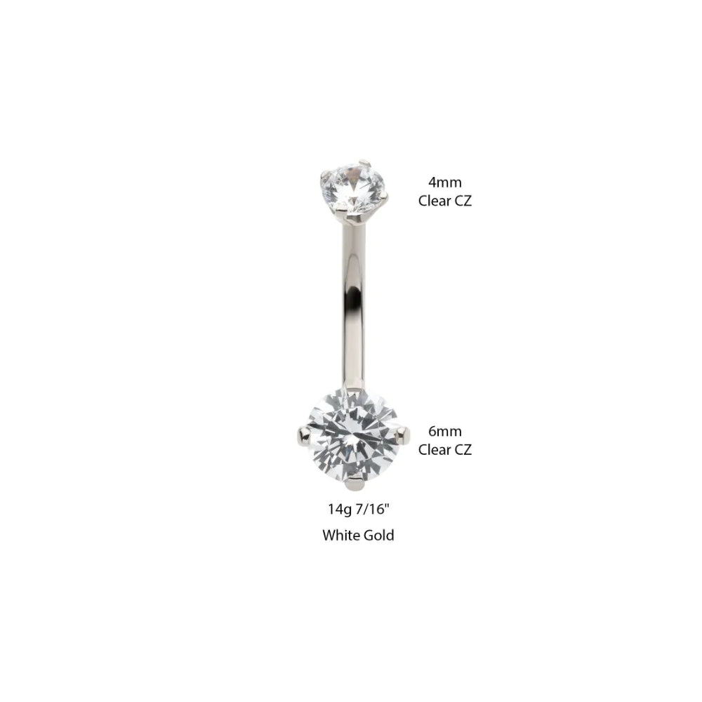 Double Round Prong Set CZ Crystal Internally Threaded Belly Button Ring - 14Kt White Gold