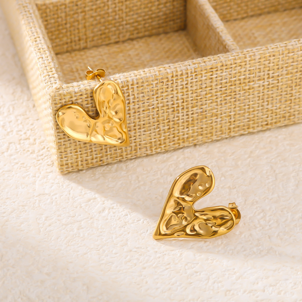 Hammered Heart Stud Earrings - Pair - 18K Gold PVD Stainless Steel