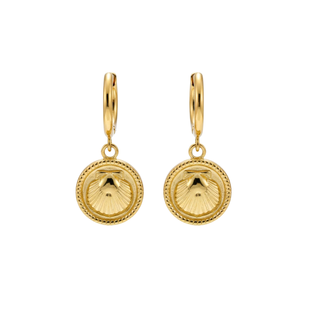 Shell Charm Dangling Hoop Earrings - Pair - Gold PVD Stainless Steel