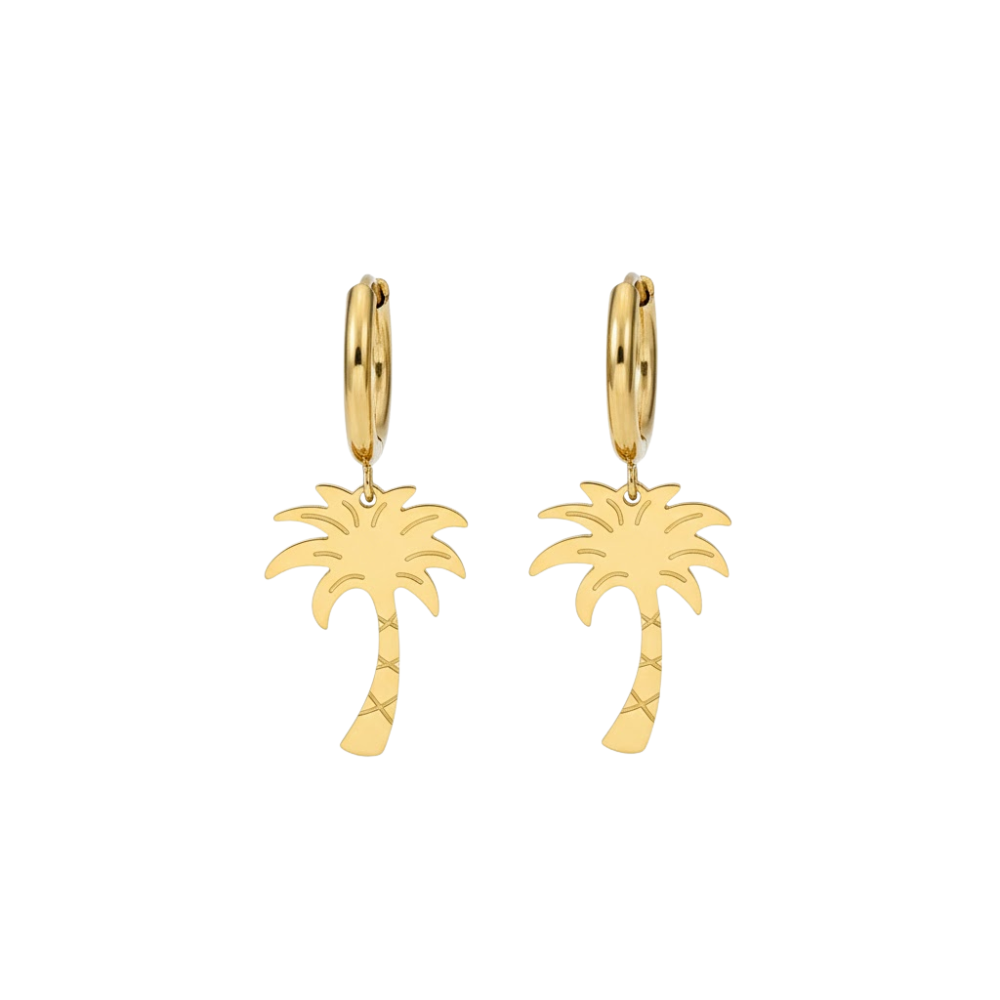Palm Tree Dangling Hoop Earrings - Pair - Gold PVD Stainless Steel