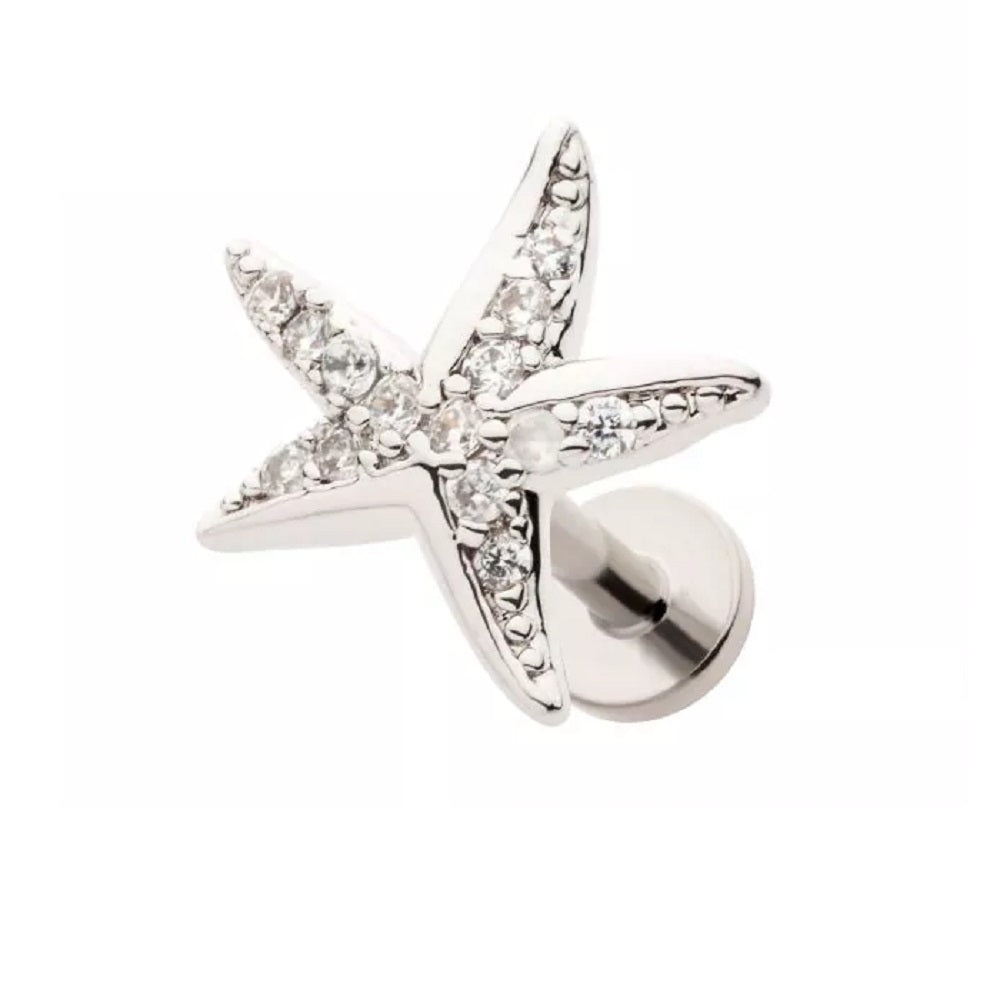 Threadless CZ Crystal Paved Starfish Flat Back Stud - 316L Stainless Steel
