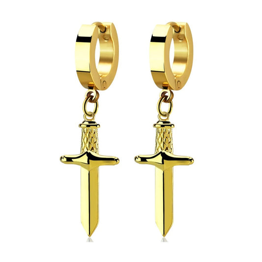 Dagger Dangling Huggie Hoop Earrings - Gold PVD Plated Stainless Steel - Pair