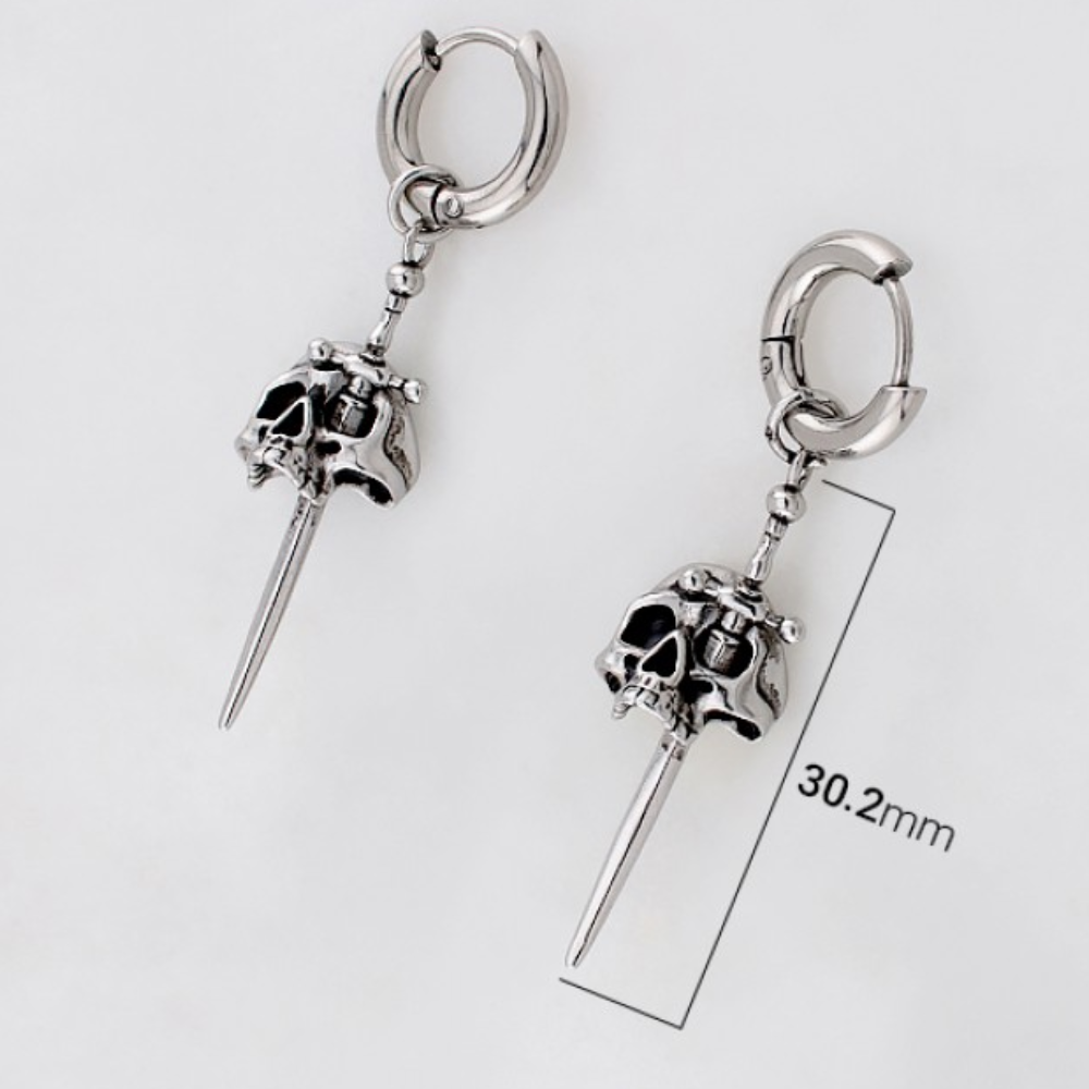 Skull Sword Dangling Hoop Earrings - Pair - 316L Stainless Steel
