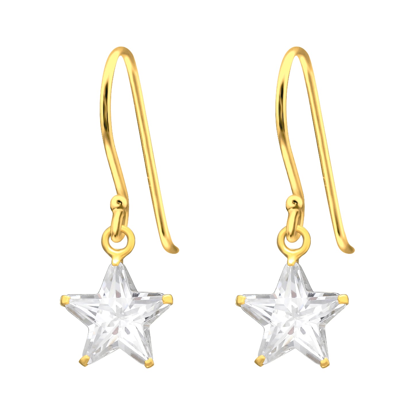 CZ Crystal Star Dangling Earrings - Pair - Gold Plated 925 Sterling Silver