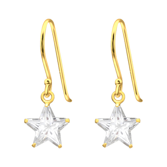 CZ Crystal Star Dangling Earrings - Pair - Gold Plated 925 Sterling Silver