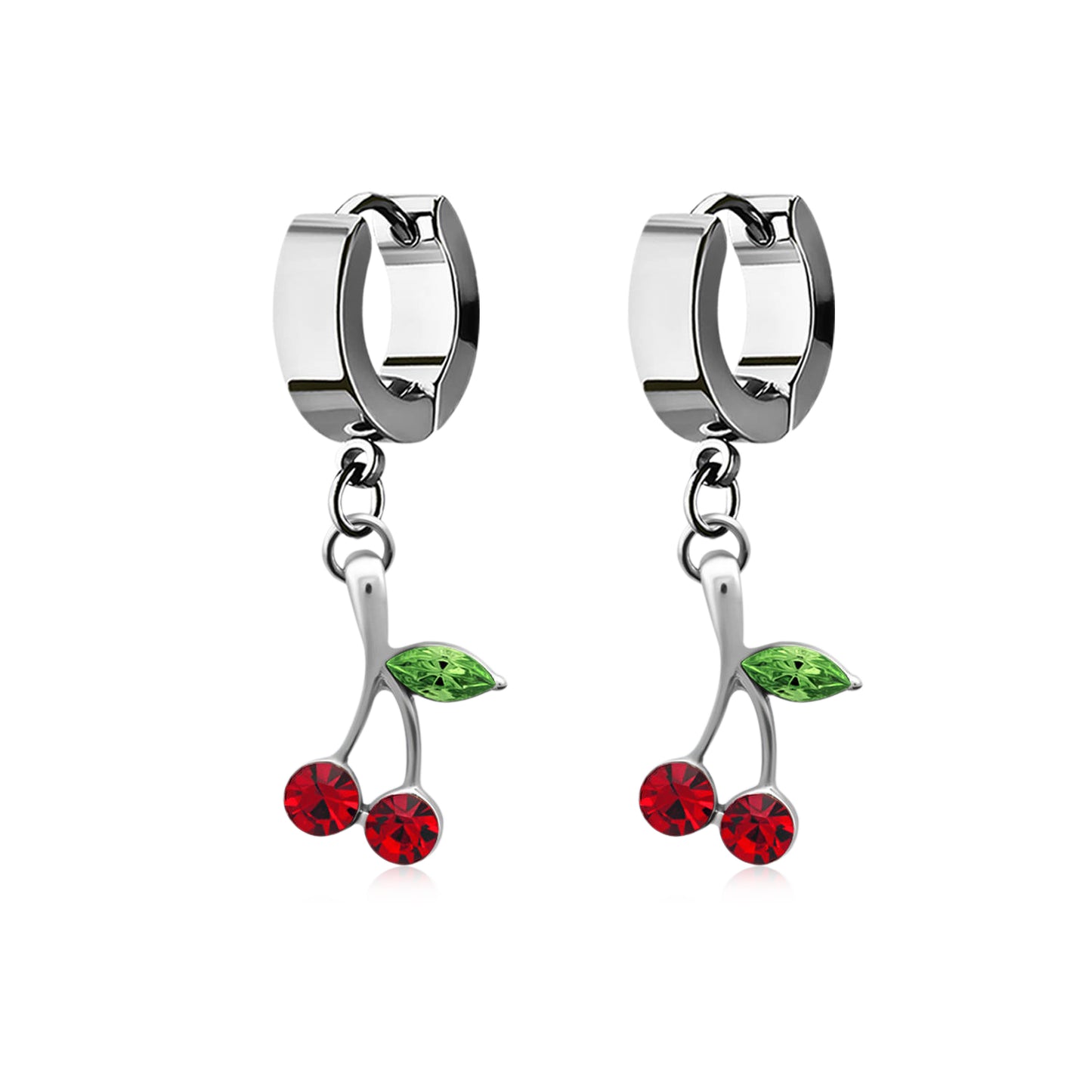 Dangling Cherry Huggie Hoop Earrings - Pair - Stainless Steel