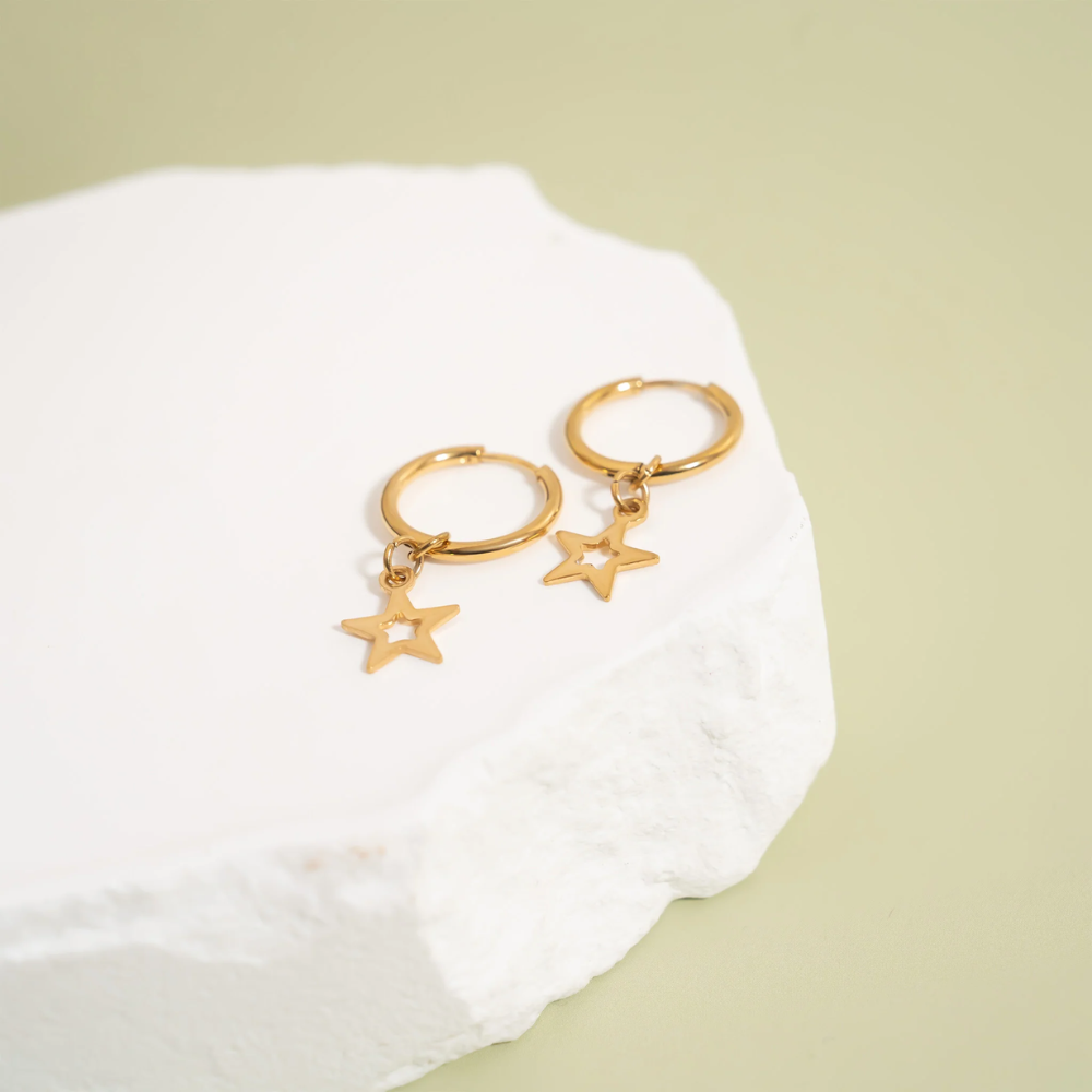Star with Cutout Dangling Hoop Earrings - Pair - 316L Stainless Steel