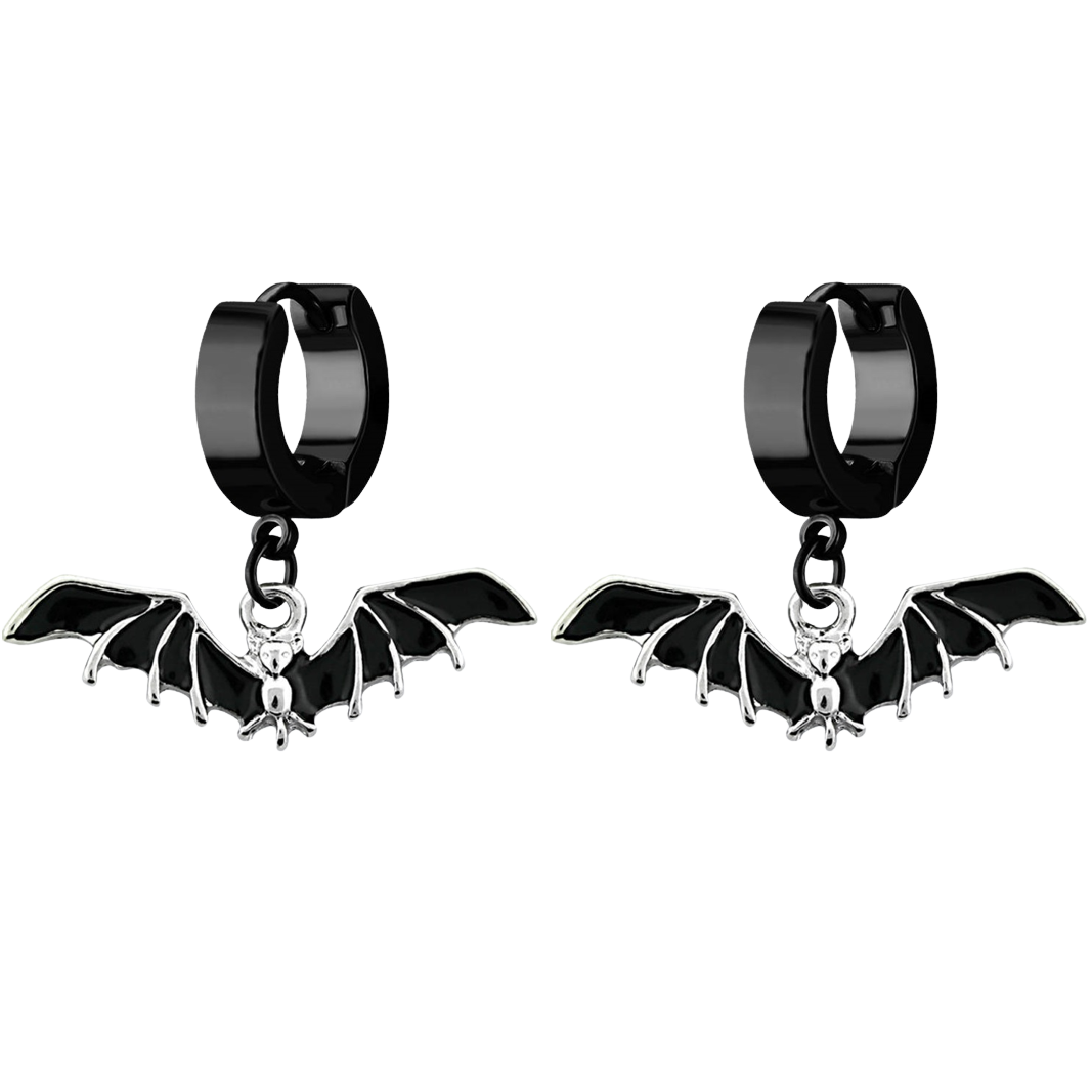 Black Bat Dangling Huggie Hoop Earrings - PVD Plated Stainless Steel