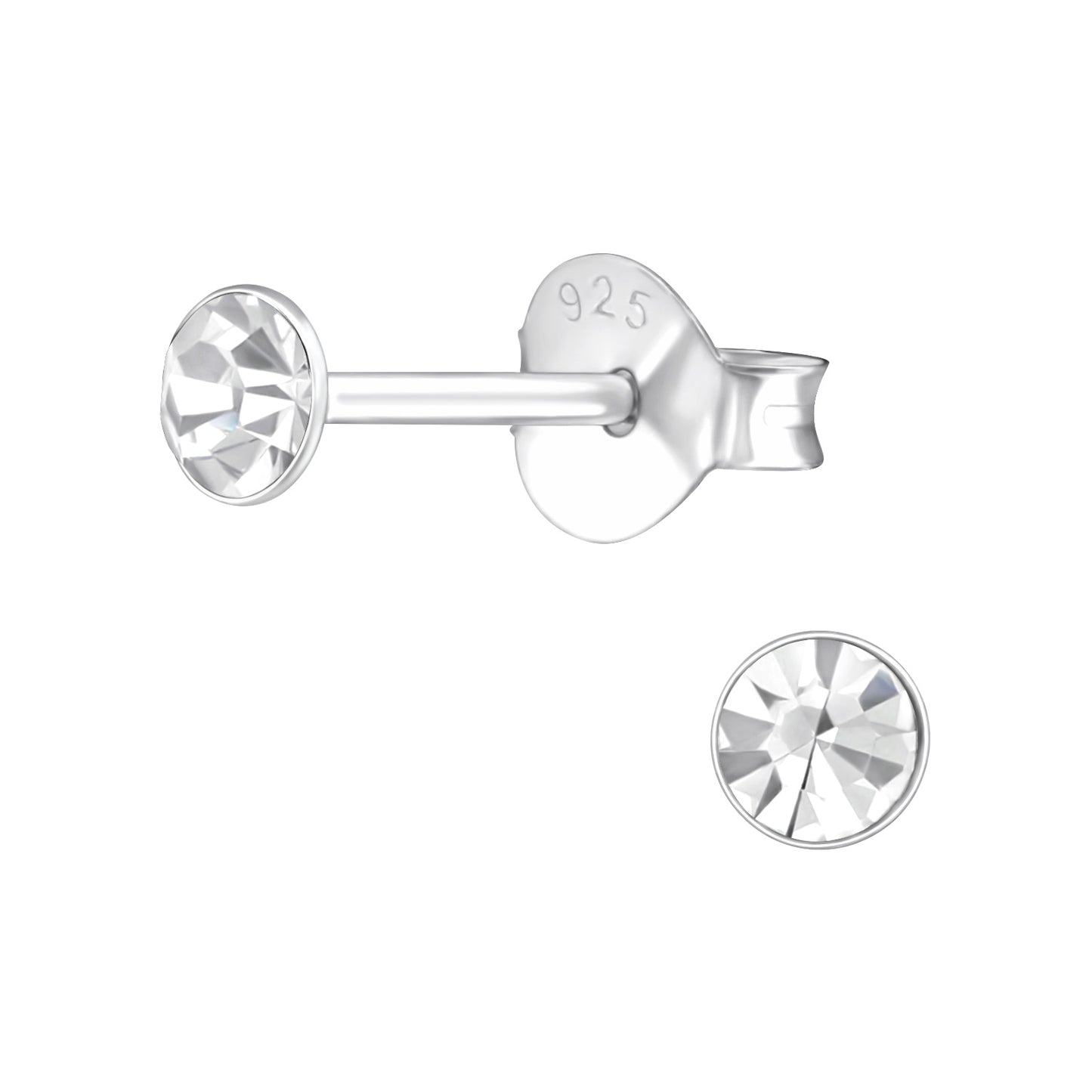 3mm Round Bezel Set Crystal Stud Earrings - Pair - 925 Sterling Silver