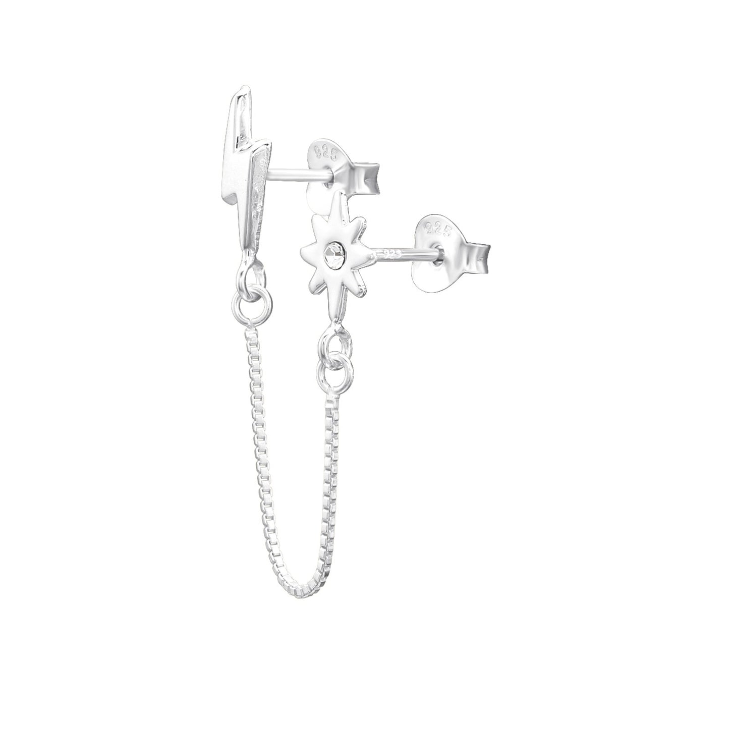 Lightning Bolt and Star Double Stud Earrings with Connecting Chain - 925 Sterling Silver