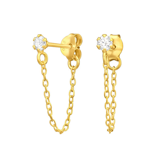 Round 3mm CZ Crystal Earrings with Dangling Chain - Pair - Gold Plated 925 Sterling Silver