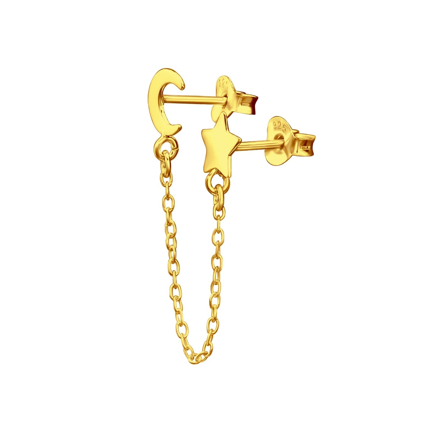 Moon and Star Double Stud Earrings with Connecting Chain - Pair - 925 Sterling Silver
