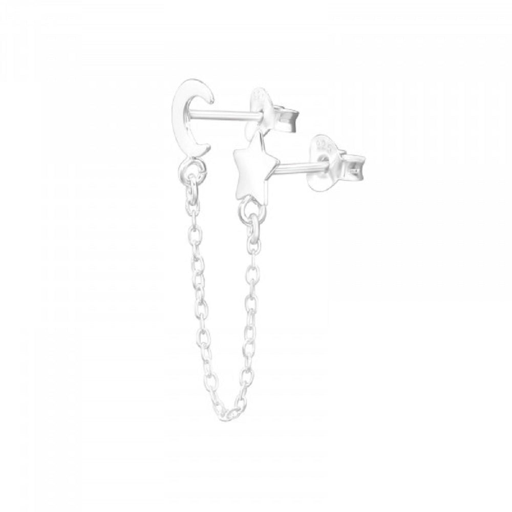 Moon and Star Double Stud Earrings with Connecting Chain - Pair - 925 Sterling Silver
