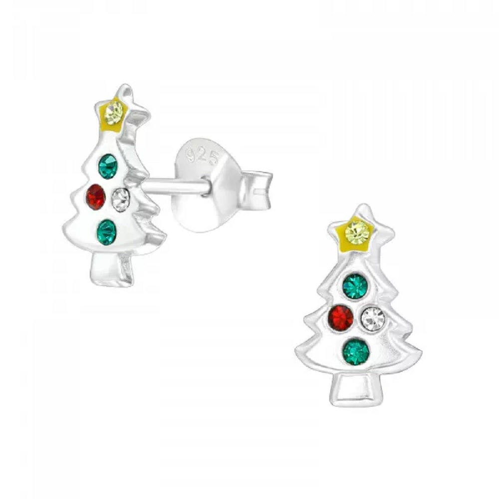 Crystal Christmas Tree Stud Earrings - Pair - 925 Sterling Silver