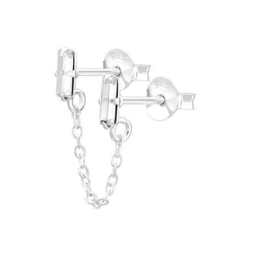 Crystal Baguette Double Stud Earrings with Connecting Chain - 925 Sterling Silver