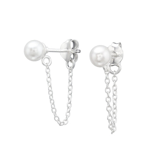 5mm Synthetic Pearl Earrings with Dangling Chain - Pair - 925 Sterling Silver
