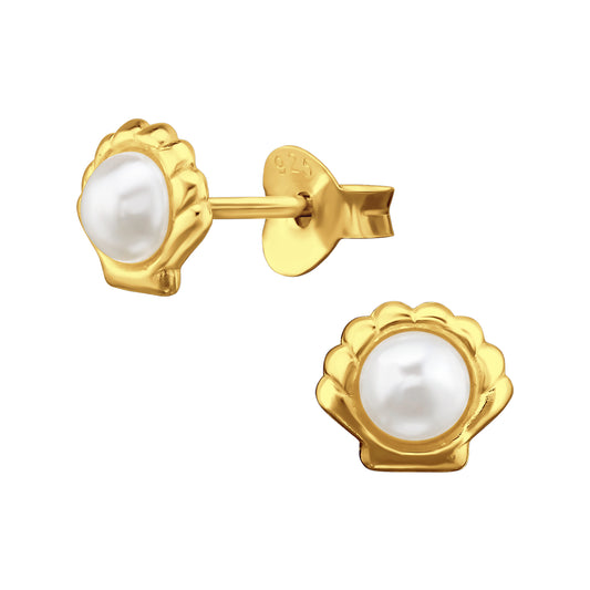 Shells with Sythetic Pearls Stud Earrings - Pair - 925 Sterling Silver