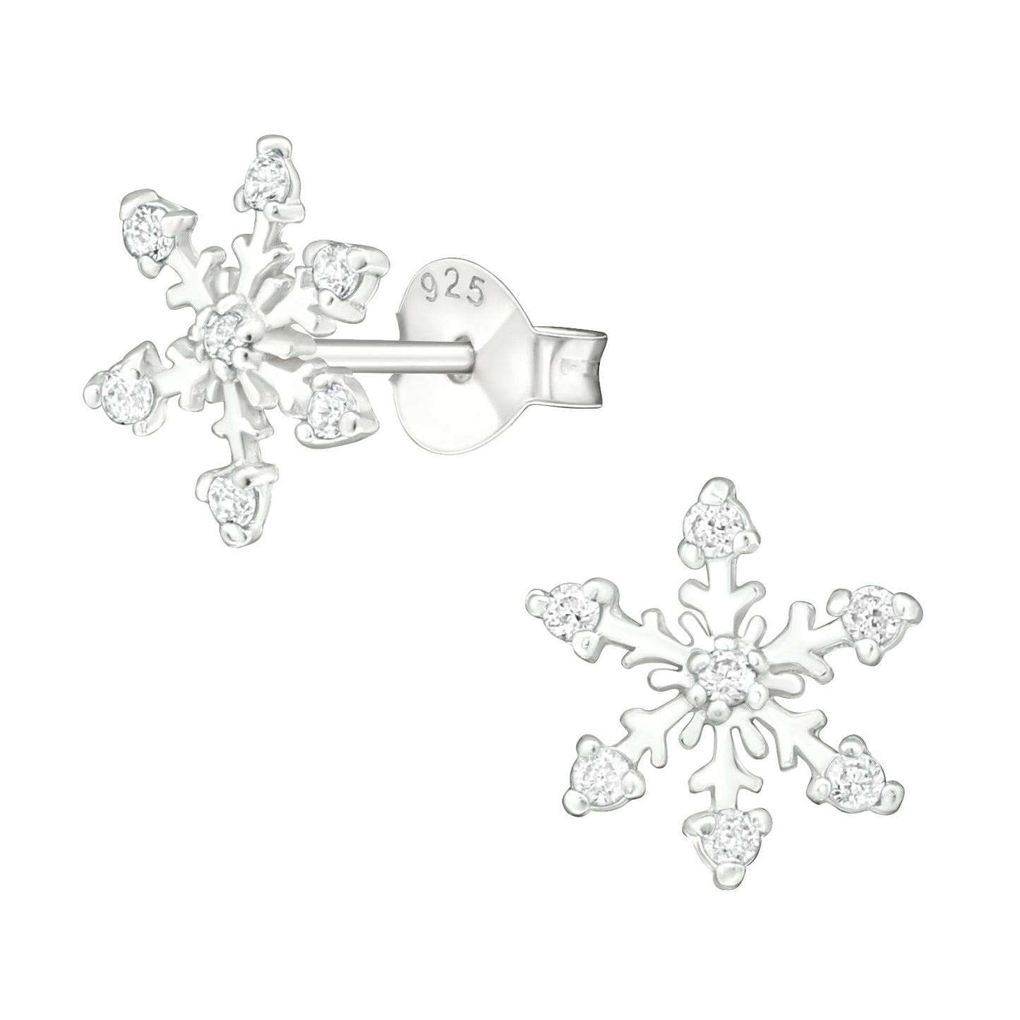 Crystal Snowflake Stud Earrings - Pair - 925 Sterling Silver