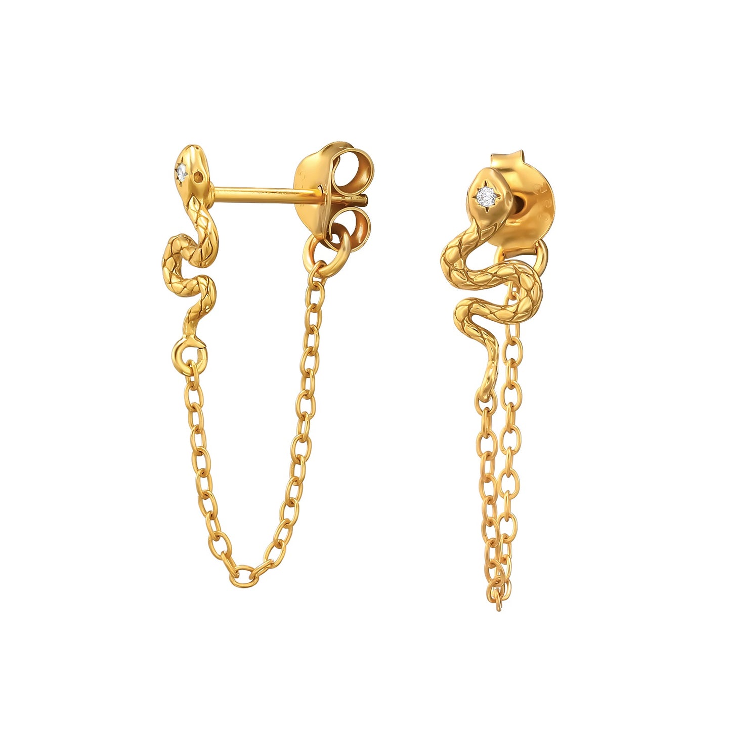 CZ Crystal Snake Stud Earrings with Dangling Chain - Pair - Gold Plated 925 Sterling Silver