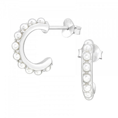 Synthetic Pearl Lined Semi Hoop Earrings - Pair - 925 Sterling Silver