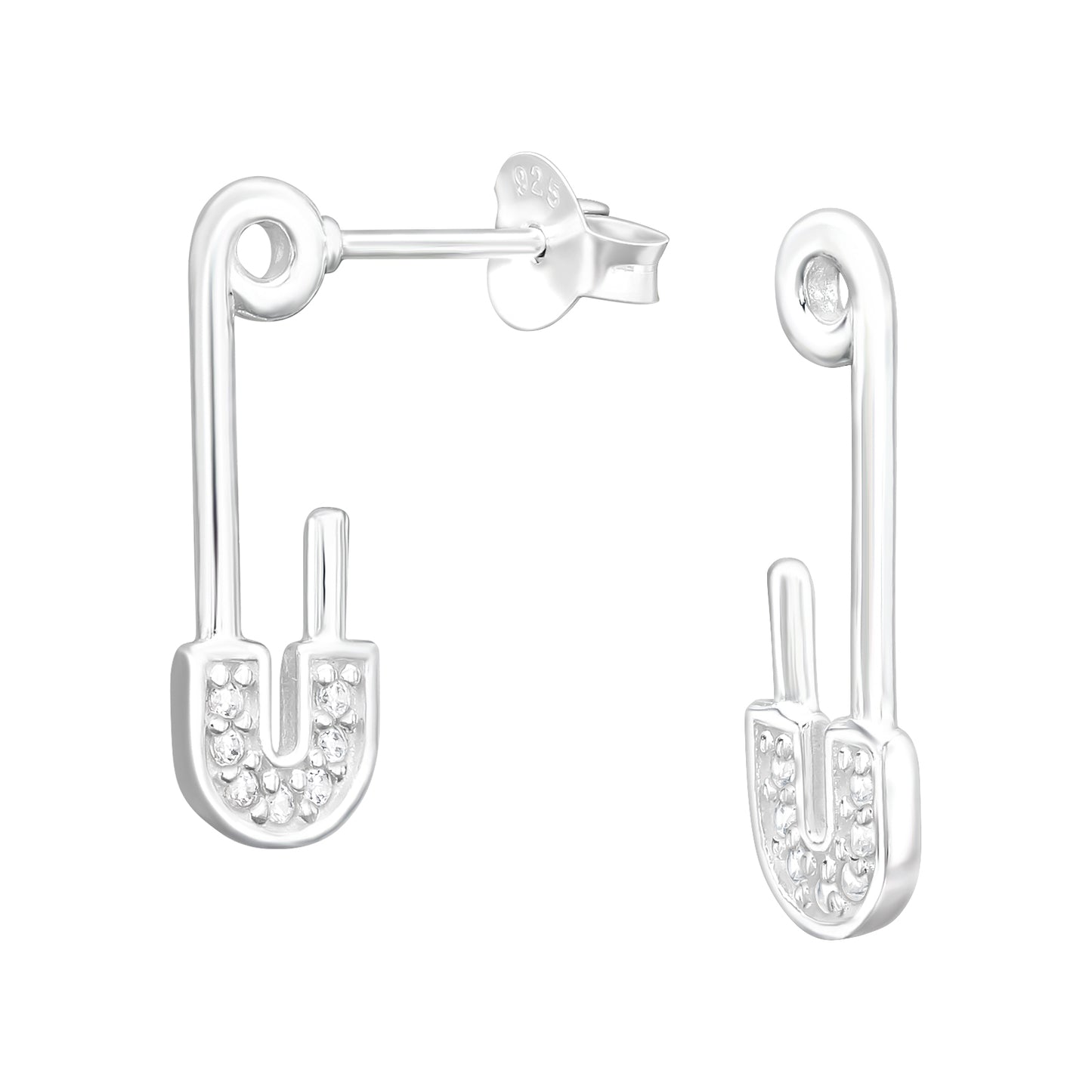 CZ Crystal Safety Pin Stud Earrings - Pair - 925 Sterling Silver