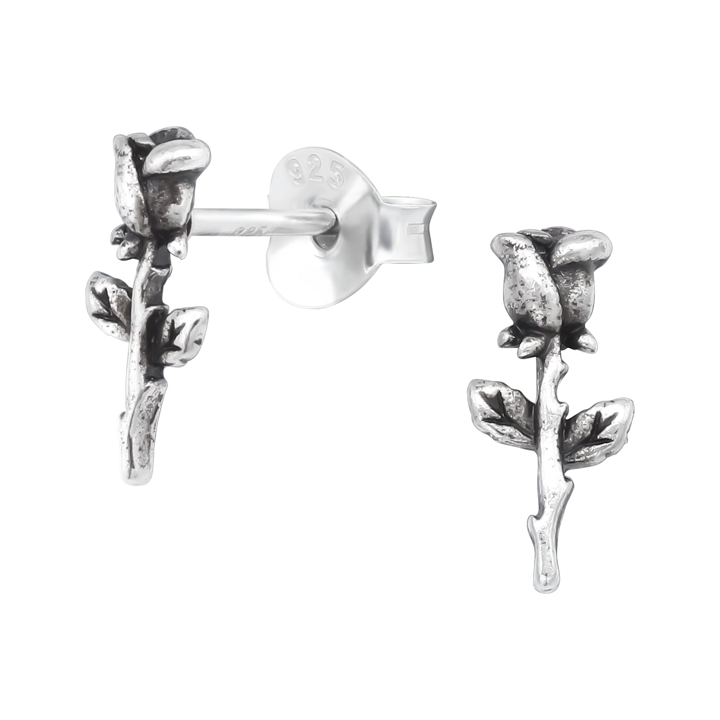 Rose Flower Stud Earrings - Pair - Oxidized 925 Sterling Silver